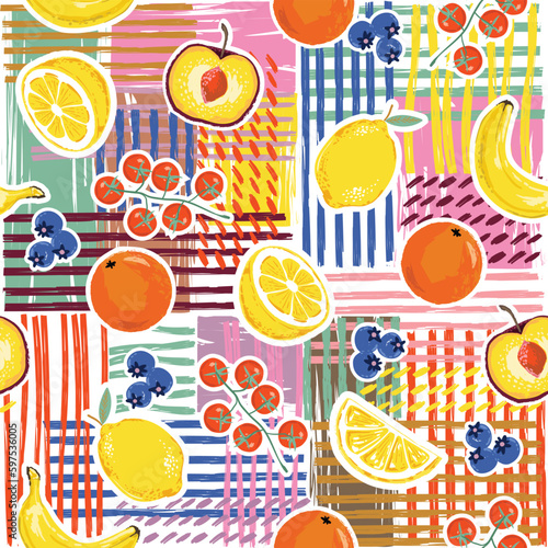 Colourful Mixed summer Fruits Illustration ,on summer striped background Holiday seamless pattern