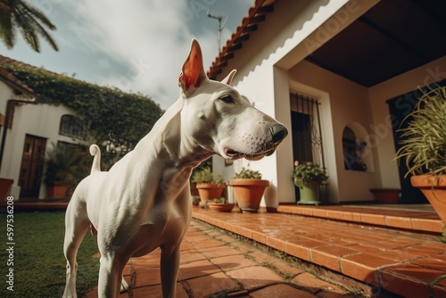 Fotobehang a Bull Terrier dog keeping watch in front of a home