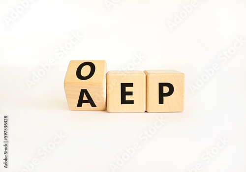 AEP or OEP symbol. Concept words AEP annual enrollment period OEP open enrollment period. Beautiful white table white background. Medical annual or open enrollment period concept. Copy space.