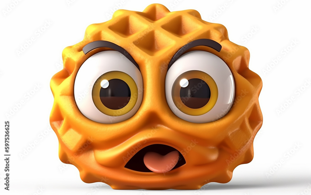 Waffle with a surprised expression, golden syrupy colors enliven its
