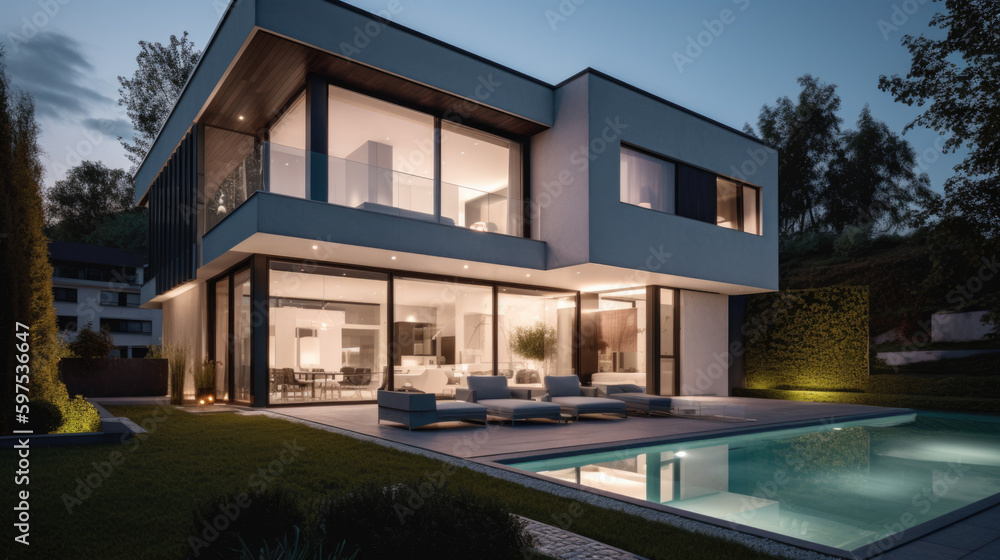 a modern luxurious villa in the evening. Generative AI