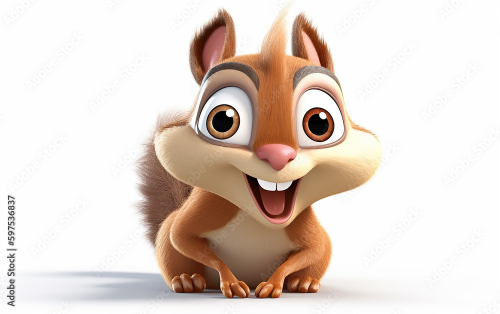 Illustration of a cartoon squirrel with emotion. Beaming squirrel cartoon with a friendly face, evoking a sense of joy and playfulness in a natural setting.