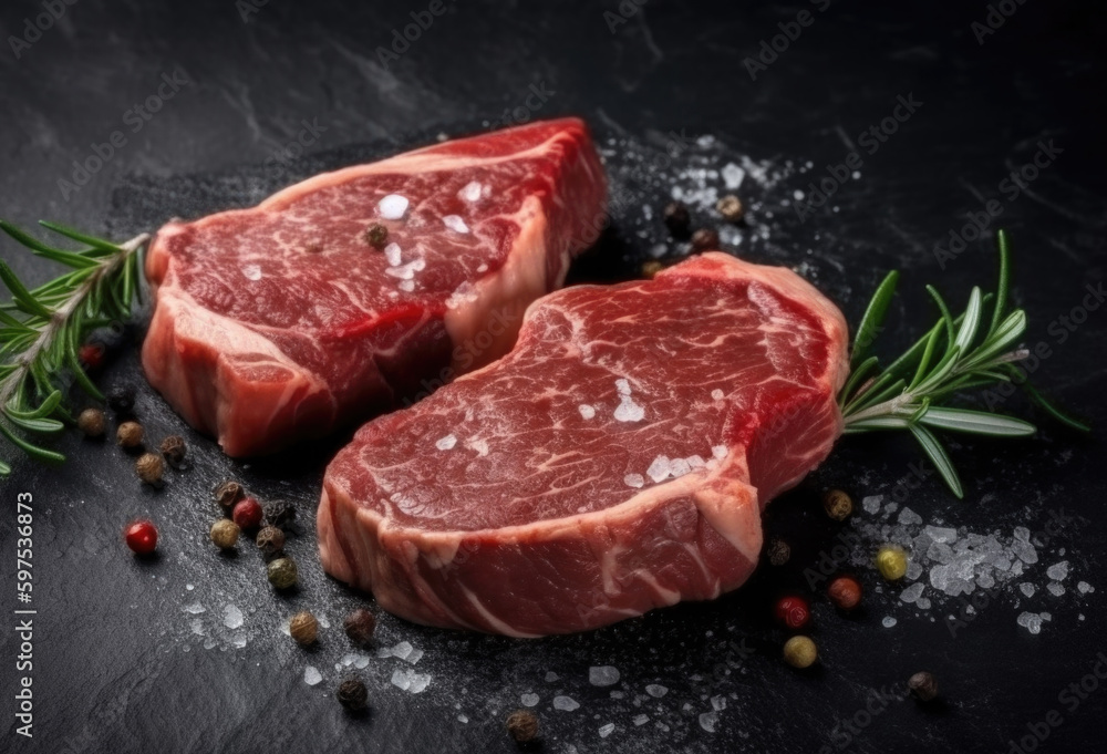 two juicy fresh steaks lie on a black background. Generative AI