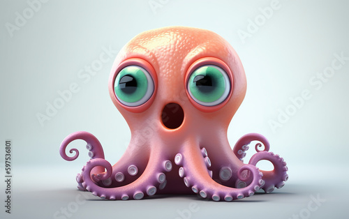 Cartoon octopus with big, expressive eyes and a soft pink hue, conveying childlike wonder and aquatic playfulness.