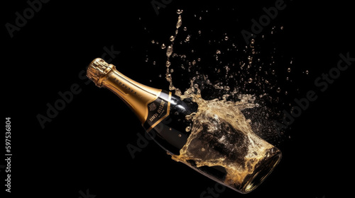 a champagne bottle shatters on the floor isolated on black background. Generative AI