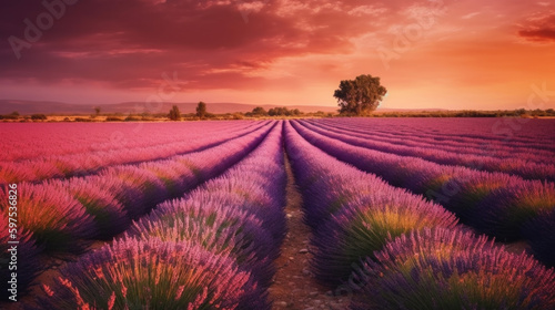 purple lavender field with a sunset. Generative AI