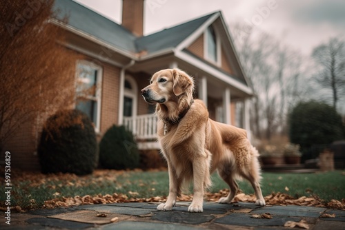 a Golden Retriever dog keeping watch in front of a family home. protecting the house. 