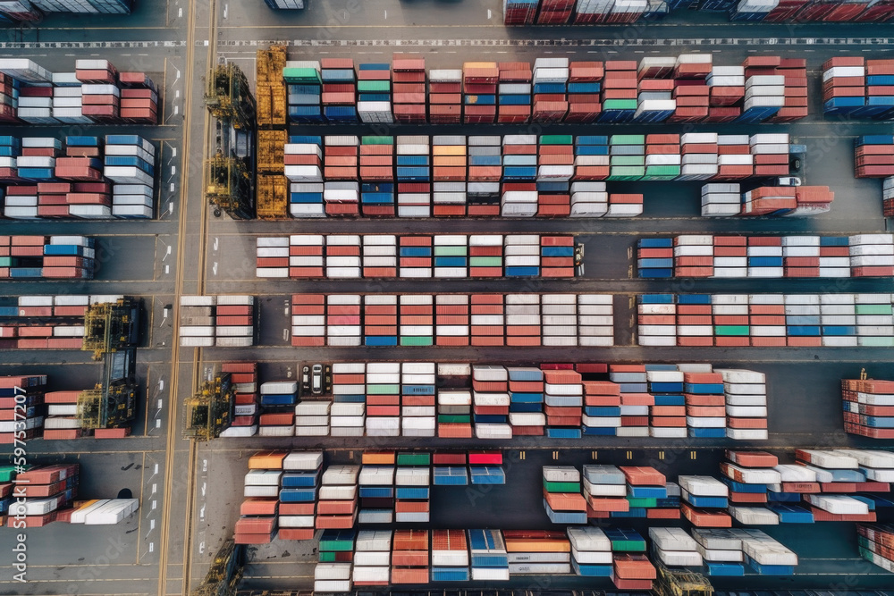 Fototapeta premium port warehouse with containers top view, Generative AI