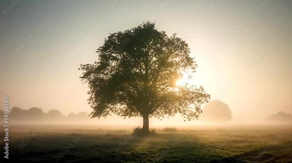 Stimmungsvolles Bild eines Baums im nebligen warmen Sonnenlicht, Stimmungsvolles Bild, KI generiert