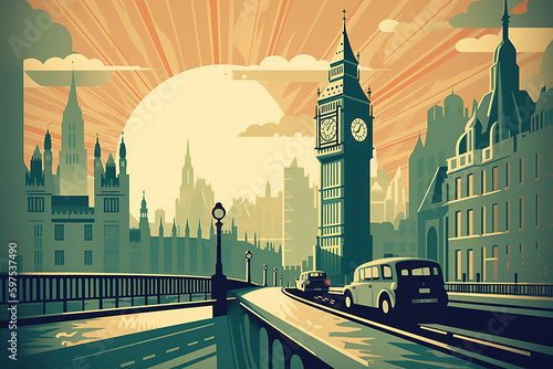 Retro style travel poster with London.Generative AI