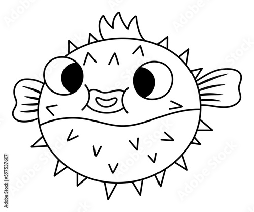 Vector black and white blowfish icon. Under the sea line illustration with cute funny spiky fish. Ocean animal clipart. Cartoon underwater or marine clip art or coloring page for children.