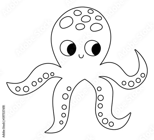 Vector black and white octopus icon. Under the sea line illustration with cute funny ocean animal. Cartoon underwater or marine clipart or coloring page for children.