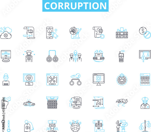 Corruption linear icons set. Bribery, Extortion, Nepotism, Embezzlement, Fraud, Graft, Kickbacks line vector and concept signs. My laundering,Racketeering,Scheming outline illustrations Generative AI