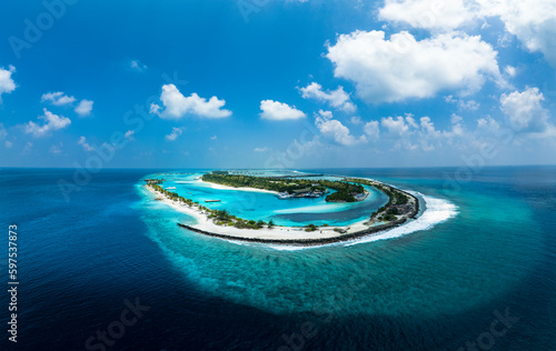 Fototapeta Naklejka Na Ścianę i Meble -  Aerial View, Maldives, North Malé Atoll, Indian Ocean, Lankanfushi, Paradise Island with Water Bungalows