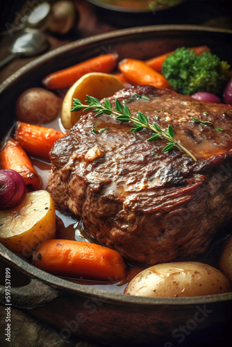 Beef chuck pot roast with carrots Yukon gold potatoes braised in broth. Traditional American cuisine dish specialty for family dinner holiday celebrations