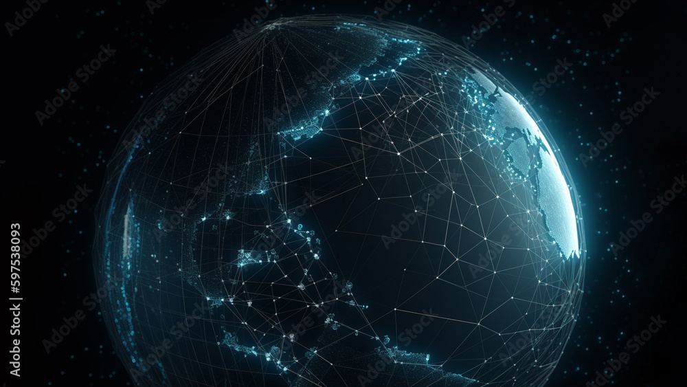 Big data network on wireframe globe. Global connectivity and internet telecommunication technology. Planet Earth map. Generative Ai. Big data network on wireframe globe. Global connectivity and internet telecommunication technology. Planet Earth map. Generative Ai.