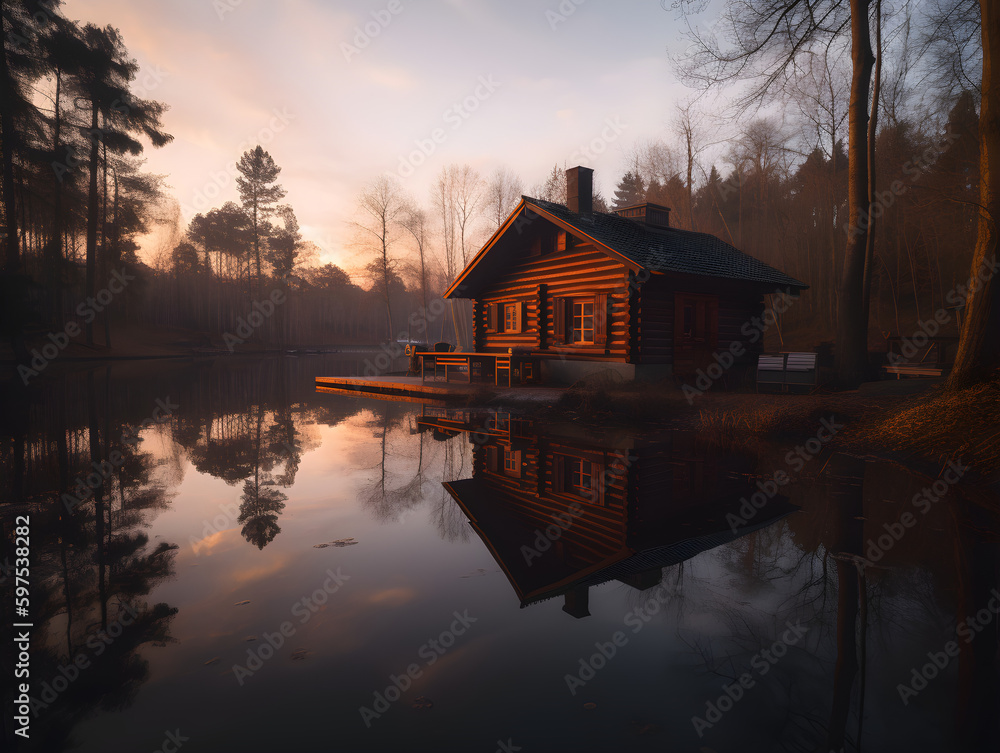 A wooden cabin by the lake, front view, sunset