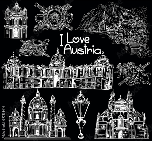 Set of hand drawn sketch style Austria related places, buildings, objects isolated on black background. Vector illustration.