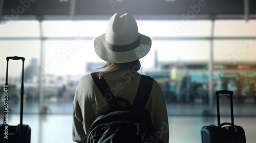 Back view of young traveller woman with suitcase standing in airport terminal. Generative AI