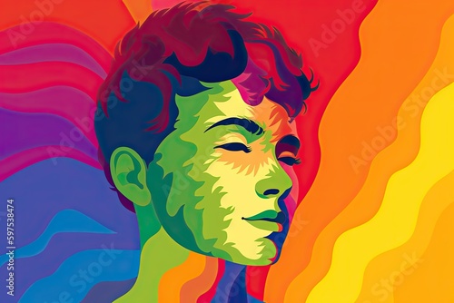 An emotive and heartfelt illustration of a person with a rainbow flag background  emphasizing the need for love and compassion in the world.