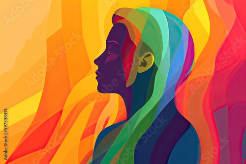 A powerful and moving illustration of a person with a rainbow flag background  representing strength and resilience in the face of discrimination.