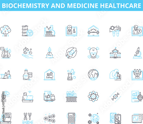 Biochemistry and medicine healthcare linear icons set. Enzymes, Proteins, Metabolism, Carbohydrates, Lipids, Genetics, Horms line vector and concept signs. Antibodies,Cells,Membranes Generative AI