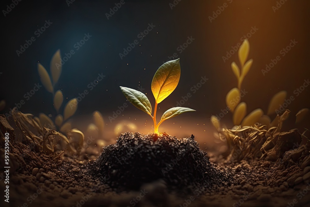 Little young plant prouting from the soil, representing growth and new beginnings. Generative AI - obrazy, fototapety, plakaty 