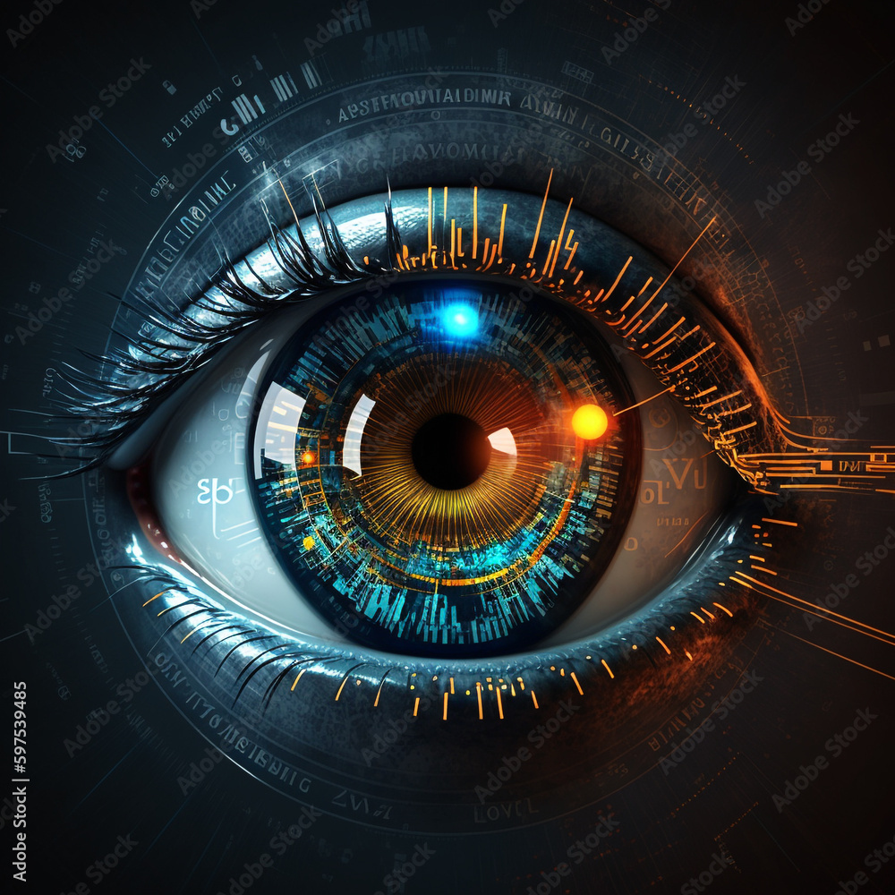 Eye viewing digital information. Conceptual image.biometric scan ...