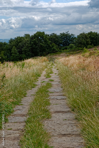 The Old Stone footpath crossing The Chevin above the market Town of Otley on a cloudy Summers day in July.