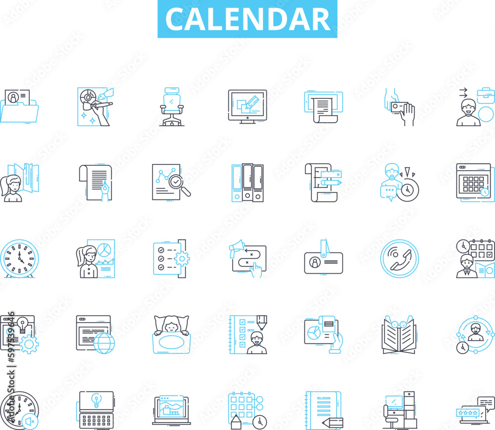 Calendar linear icons set. Scheduling, Organization, Reminders, Appointments, Planning, Time, Events line vector and concept signs. Dates,Schedule,Deadlines outline illustrations Generative AI Calendar linear icons set. Scheduling, Organization, Reminders, Appointments, Planning, Time, Events line vector and concept signs. Dates,Schedule,Deadlines outline illustrations Generative AI