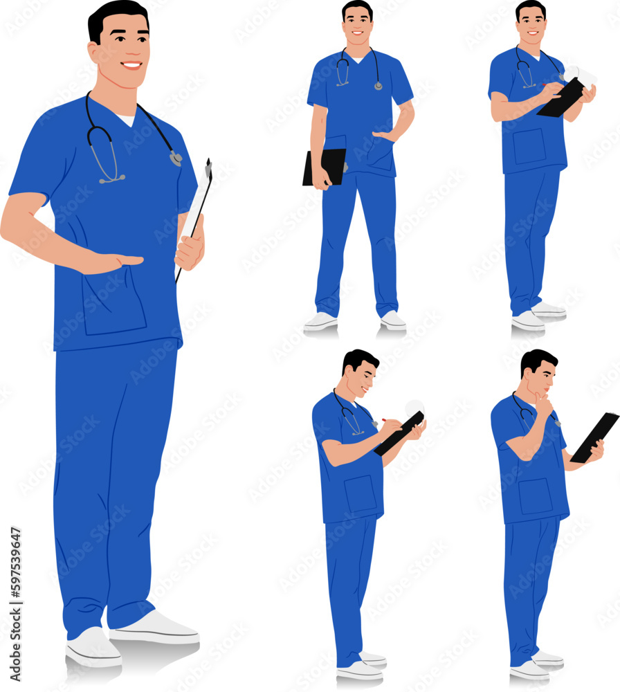 Hand-drawn healthcare worker. Happy smiling doctor with a stethoscope and clipboard in different poses. Male nurse in blue uniform. Vector flat style illustration set isolated on white Hand-drawn healthcare worker. Happy smiling doctor with a stethoscope and clipboard in different poses. Male nurse in blue uniform. Vector flat style illustration set isolated on white
