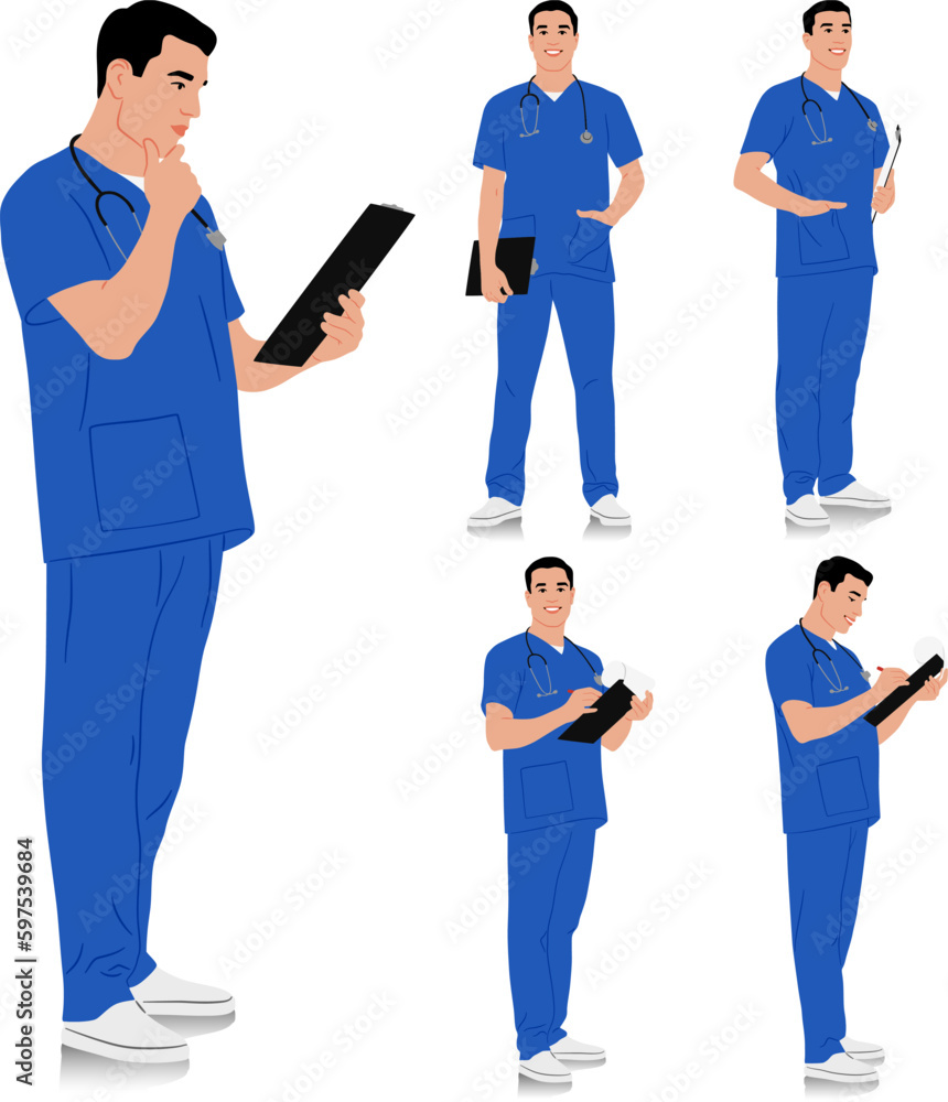 Hand-drawn healthcare worker. Happy smiling doctor with a stethoscope and clipboard in different poses. Male nurse in blue uniform. Vector flat style illustration set isolated on white Hand-drawn healthcare worker. Happy smiling doctor with a stethoscope and clipboard in different poses. Male nurse in blue uniform. Vector flat style illustration set isolated on white