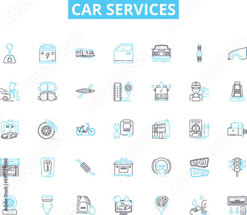 Car services linear icons set. Maintenance, Repair, Detailing, Restoration, Inspection, Towing, Alignment line vector and concept signs. OilChange,Tune-up,Brakes outline illustrations Generative AI