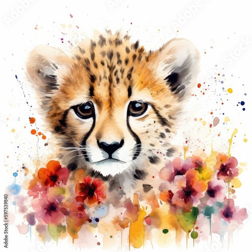 Watercolor Painting of Baby Cheetah in Colorful Flower Field - Wildlife Art - Ideal for Greeting Cards and Prints - Generative AI