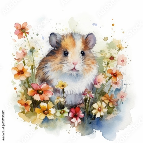 Watercolor Painting of Cute Hamster in Colorful Flower Field - Animal Art, Nature Art - Ideal for Art Prints, Greeting Cards, and Scrapbooking - Generative AI © Alex