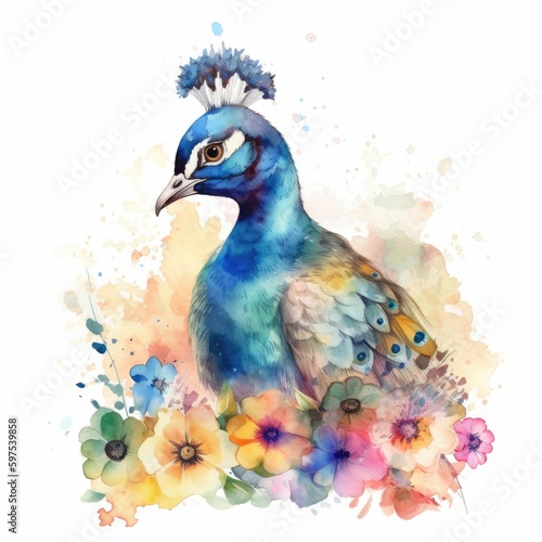 Watercolor Painting of Colorful Baby Peacock in Flower Field - Animal Art, Nature Art - Ideal for Greeting Cards and Art Prints - Generative AI