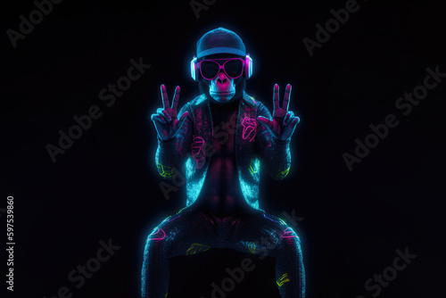 cool dressed macaque monkey wearing glasses with raised hands  neon light  Generative AI