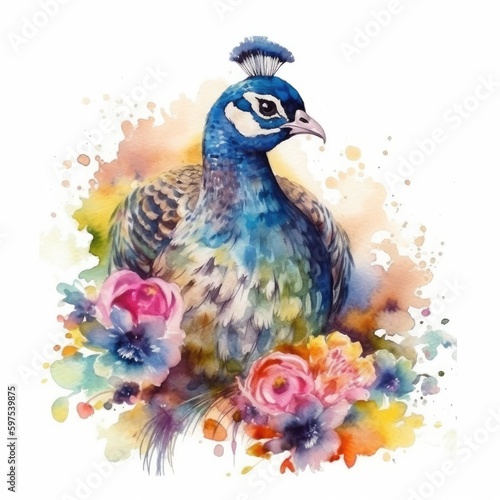 Watercolor Painting of Colorful Baby Peacock in Flower Field - Animal Art, Nature Art - Ideal for Art Prints and Greeting Cards - Generative AI