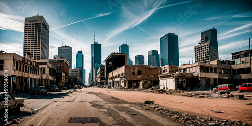 Fotografering Abandoned broken big city with skyscrapers after a disaster - tornado, earthquake or war