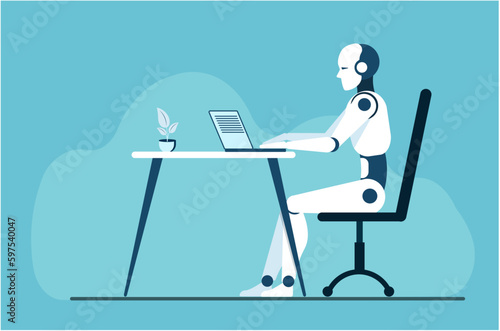 Robot doing office work. Robot sitting in front of a laptop.