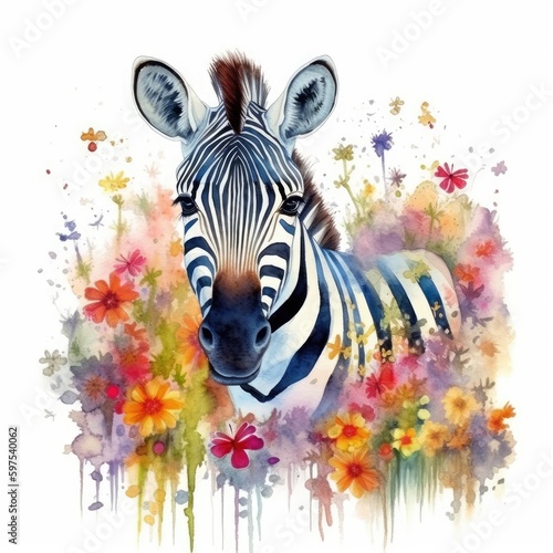 Colorful Watercolor Painting of a Sweet Baby Zebra in a Flower Field - Wildlife Art - Ideal for Greeting Cards and Art Prints - Generative AI