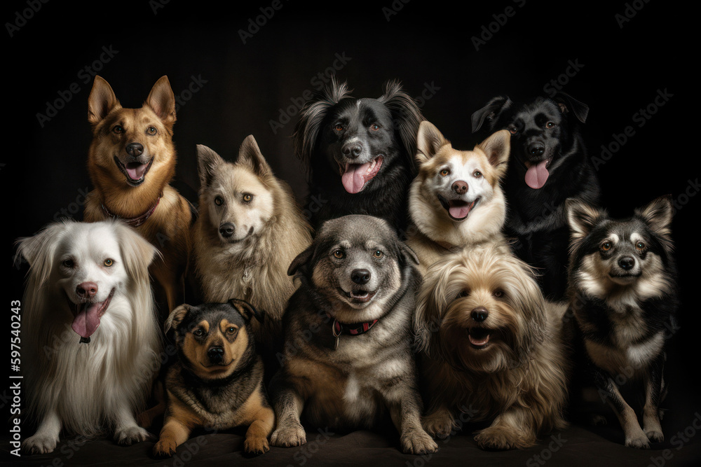 Playful Group of Dogs with Bright Expressions on a Vibrant Background Playful Group of Dogs with Bright Expressions on a Vibrant Background