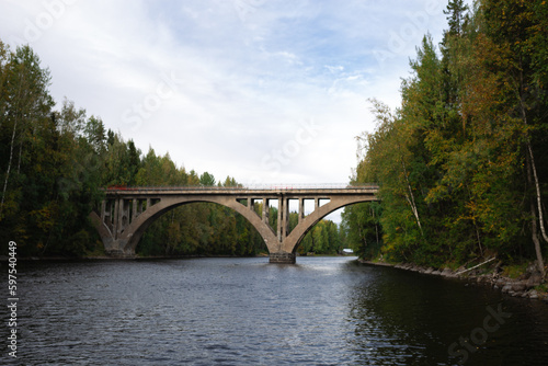 Fototapeta Naklejka Na Ścianę i Meble -  arched bridge over a wide river surrounded by autumn forest
