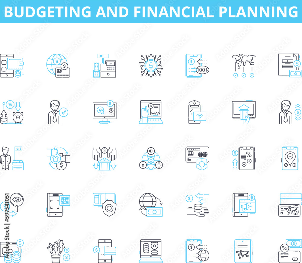 Budgeting and financial planning linear icons set. Frugality, Saving, Forecasting, Investment, Prudence, Expense, Retirement line vector and concept signs. Control,Prioritizing,Analysis Generative AI Budgeting and financial planning linear icons set. Frugality, Saving, Forecasting, Investment, Prudence, Expense, Retirement line vector and concept signs. Control,Prioritizing,Analysis Generative AI