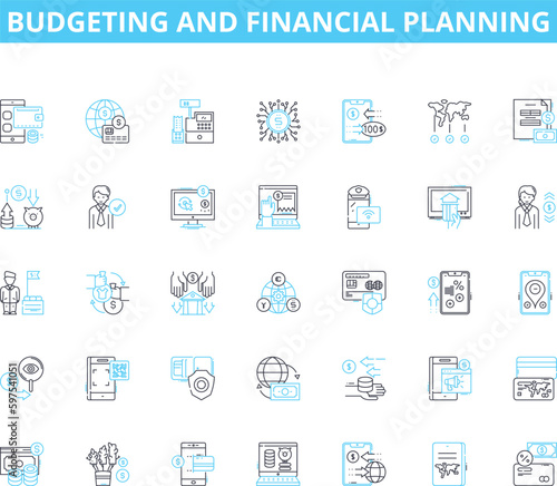 Budgeting and financial planning linear icons set. Frugality, Saving, Forecasting, Investment, Prudence, Expense, Retirement line vector and concept signs. Control,Prioritizing,Analysis Generative AI