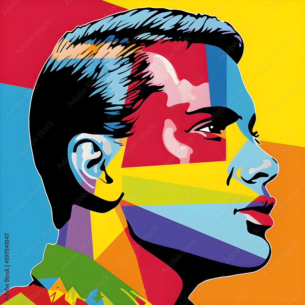 Colorful PRIDE art illustration of a young man with a daring expression and face painting, LGBTQ inspired, AI-generated 