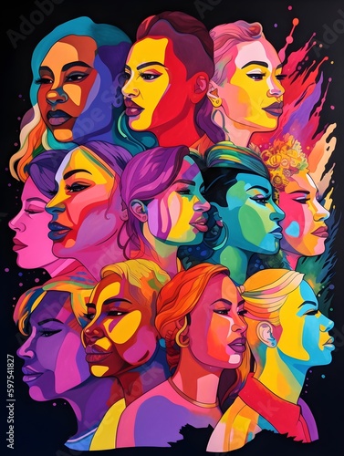 Colorful illustration of LGBTQ faces in the colors of the rainbow looking at different directions  AI-generated 