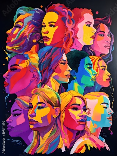 Colorful illustration of LGBTQ faces in the colors of the rainbow looking at different directions  AI-generated 