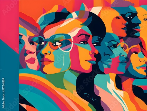 Colorful illustration showing LGBTQ faces with powerful expressions, AI-generated 