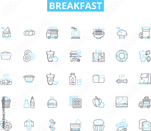 Breakfast linear icons set. Pancakes, Waffles, Omelette, Cereal, Toast, Bagel, Croissant line vector and concept signs. EnglishMuffin,Bacon,Sausage outline illustrations Generative AI photo